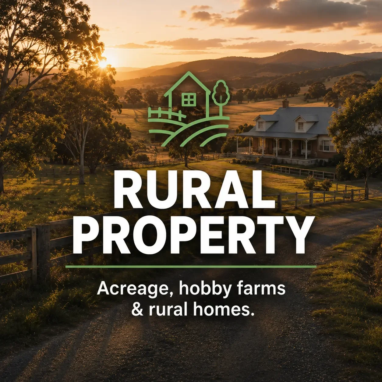 Rural lifestyle property at sunset, representing Mortgage Muster lending support for rural properties, acreage and hobby farms.