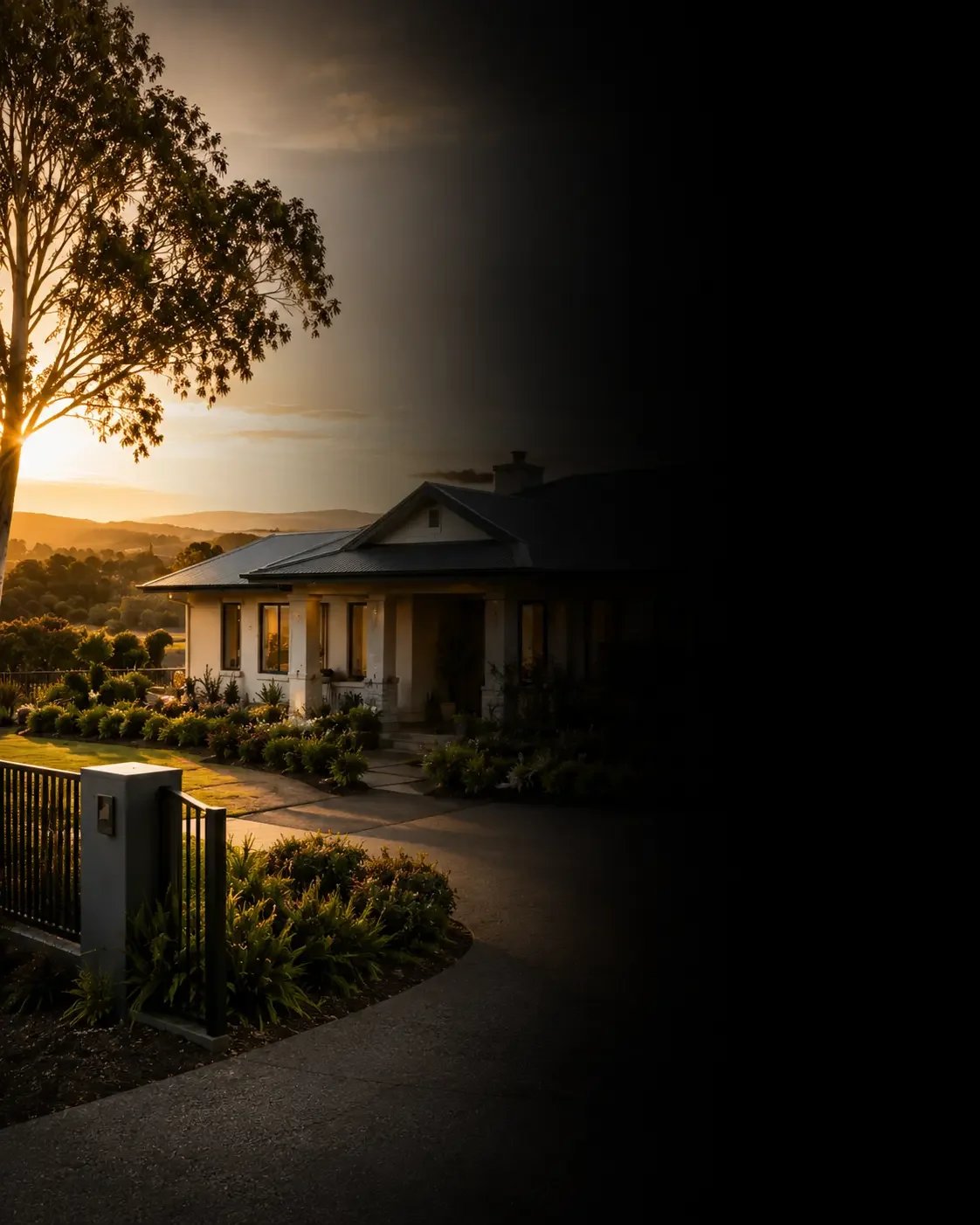 Regional home at sunset representing mortgage broker support for home loans, refinancing, buying property and rural lending