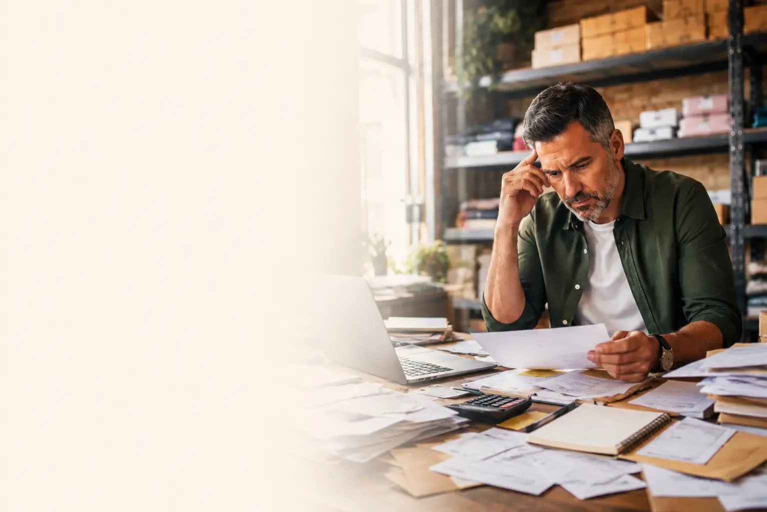 Business owner reviewing debts and paperwork for business loan restructuring options.