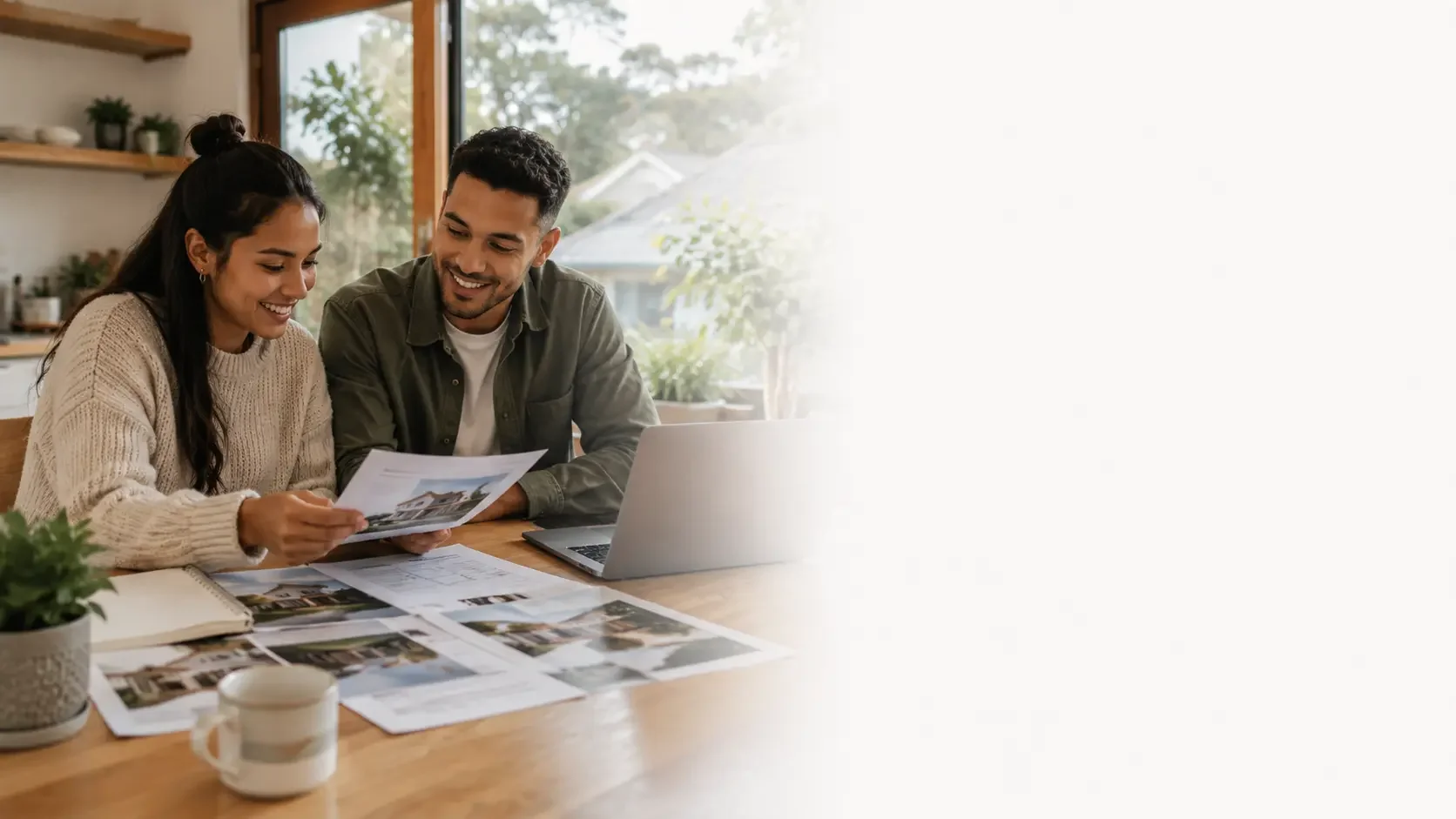 First home buyers reviewing property plans and home loan options.