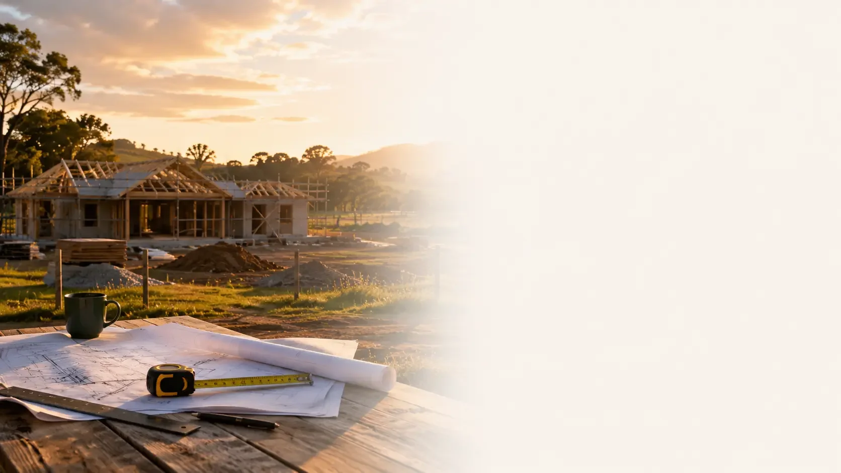 Rural construction site and building plans representing land and construction finance options.