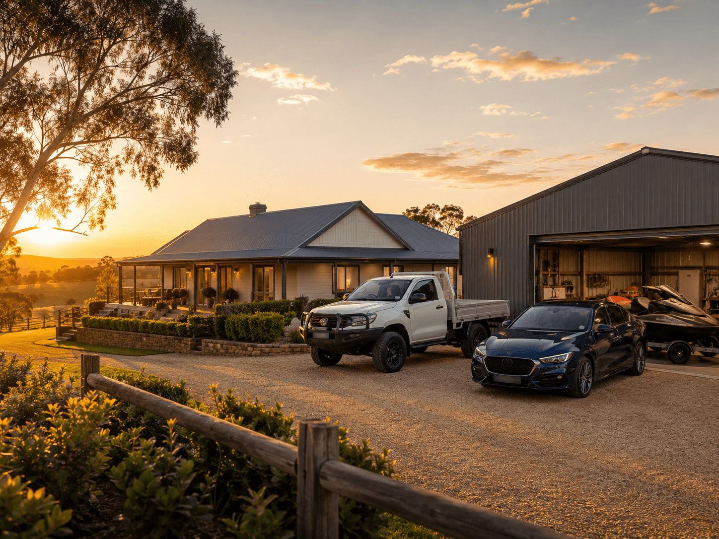 Rural property with vehicles, shed and equipment representing Mortgage Muster looking at home loans, asset finance and lending together