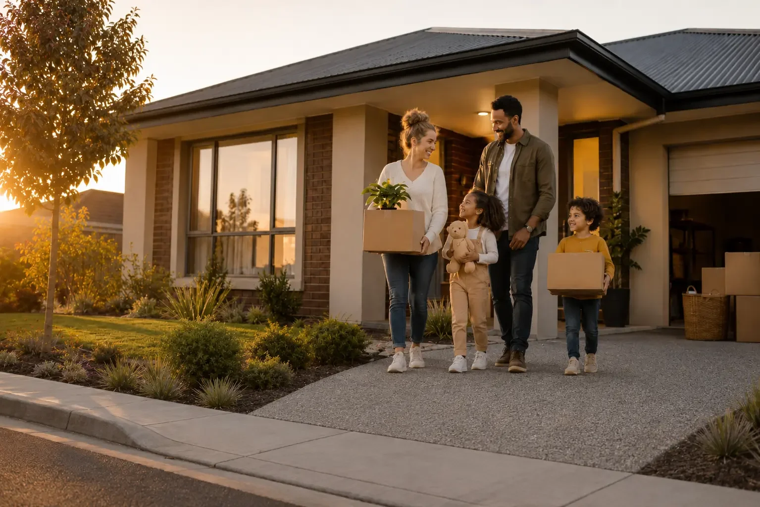 Family moving into a home showing Mortgage Muster home loan guidance for property buyers.
