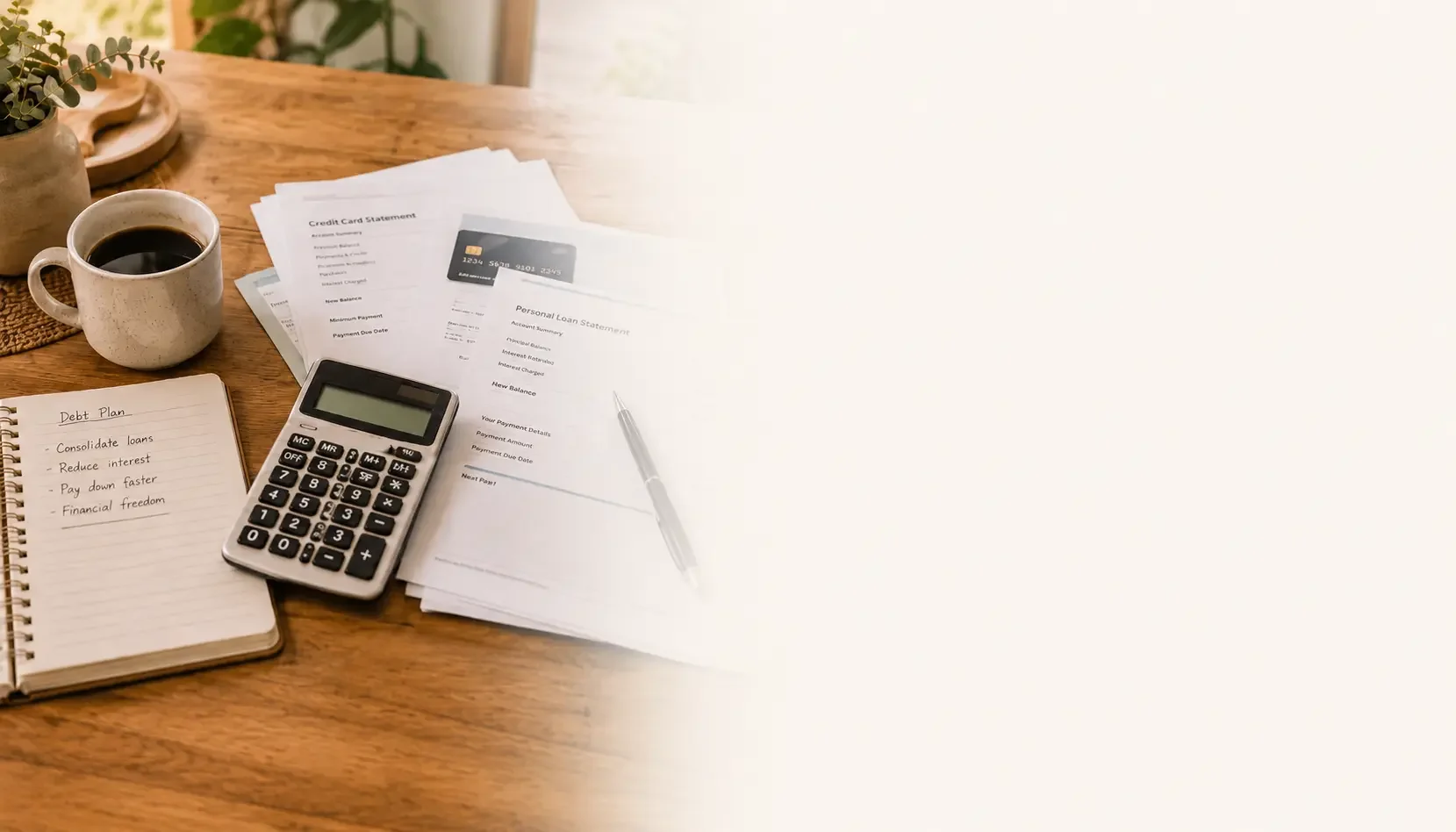 Debt consolidation review with bills calculator and paperwork for refinance options.