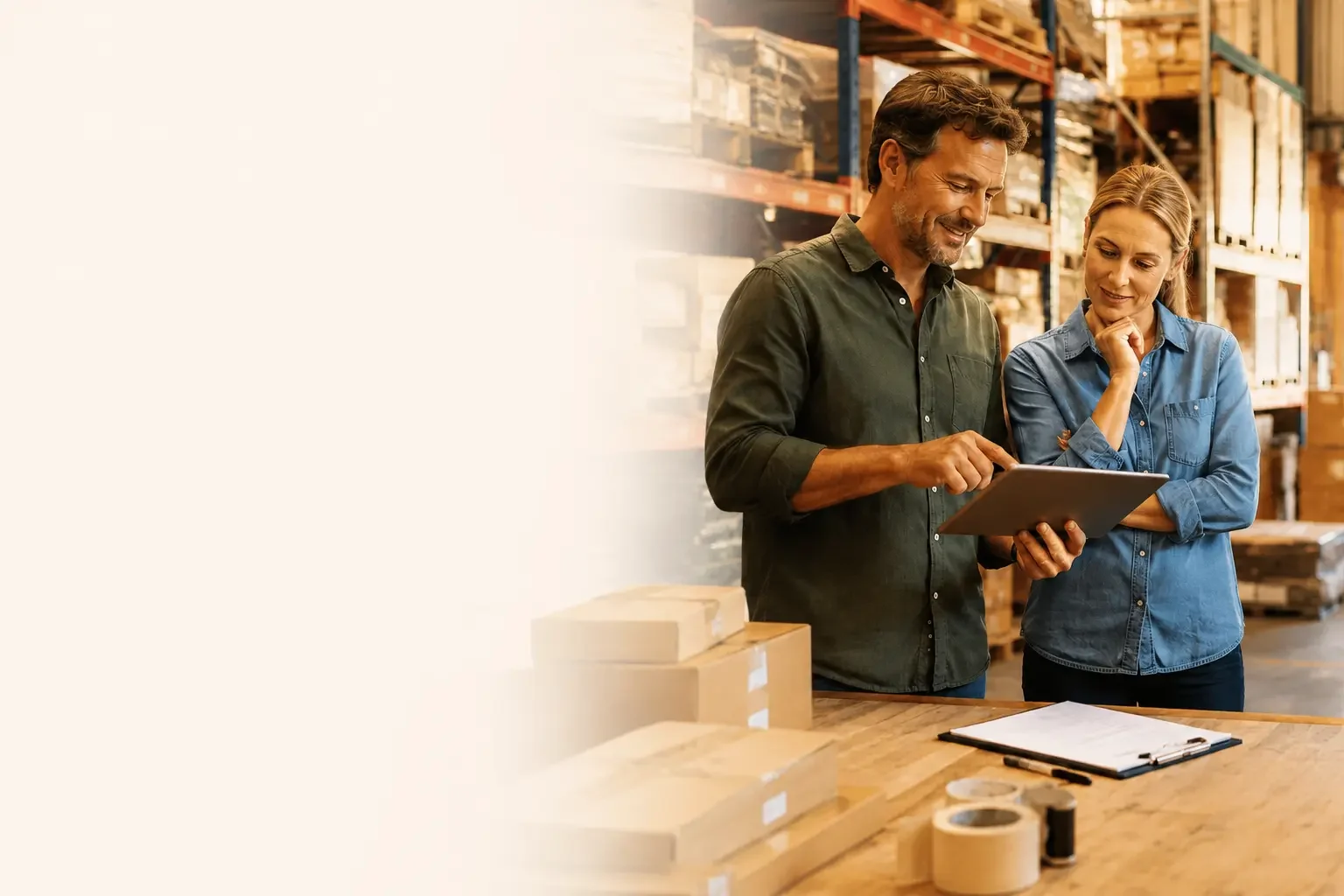 Business owners reviewing growth plans and stock for small business funding options.