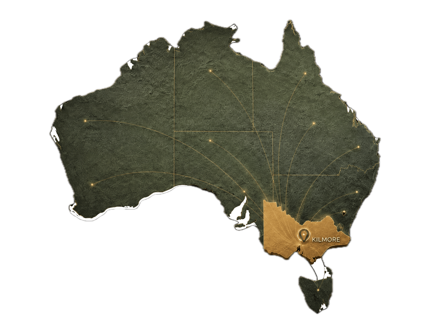Australia map highlighting Kilmore in Victoria, showing Mortgage Muster support for clients across Victoria and selected Australia-wide enquiries.