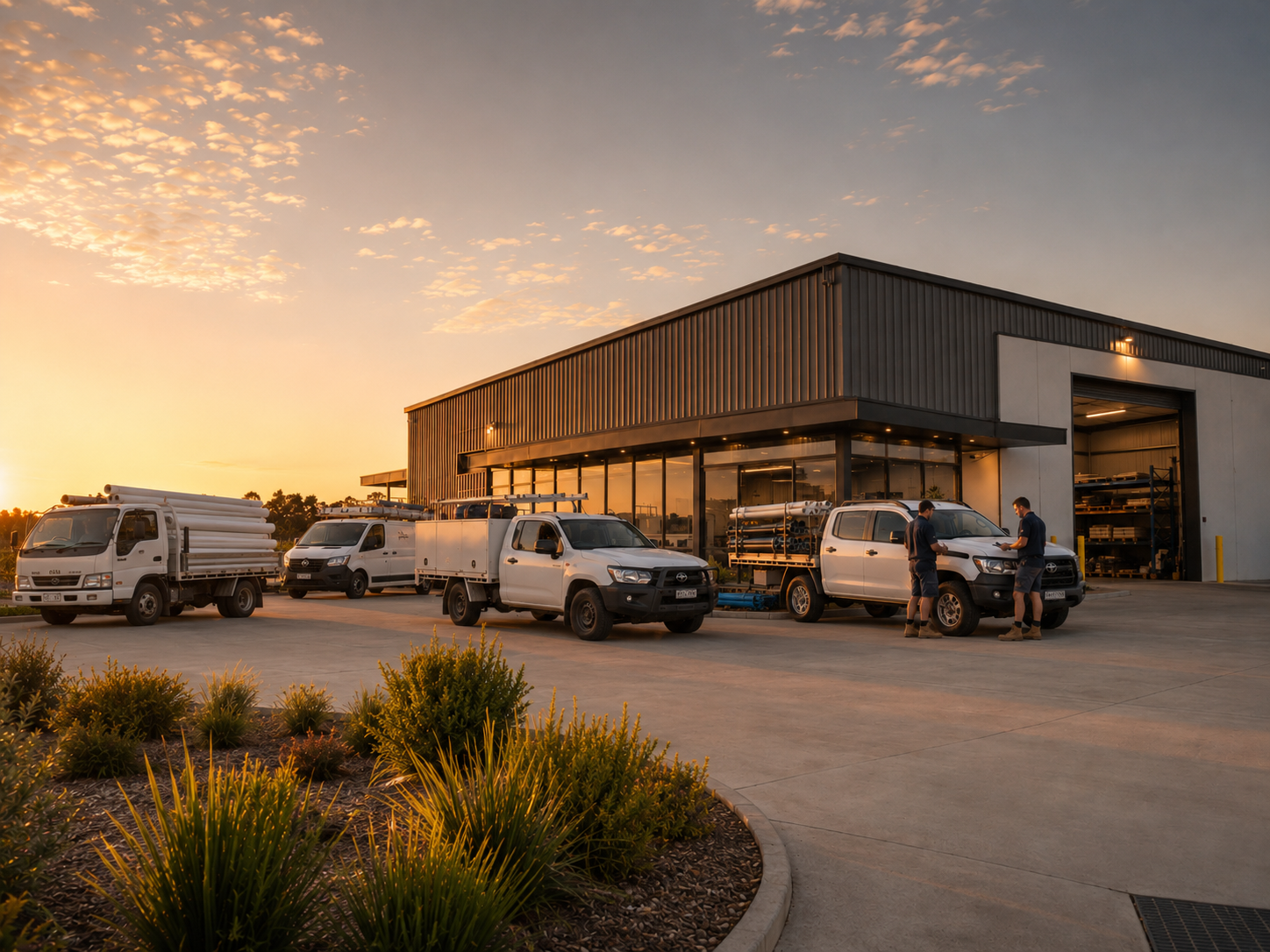 Commercial premises with work vehicles showing Mortgage Muster commercial lending guidance.
