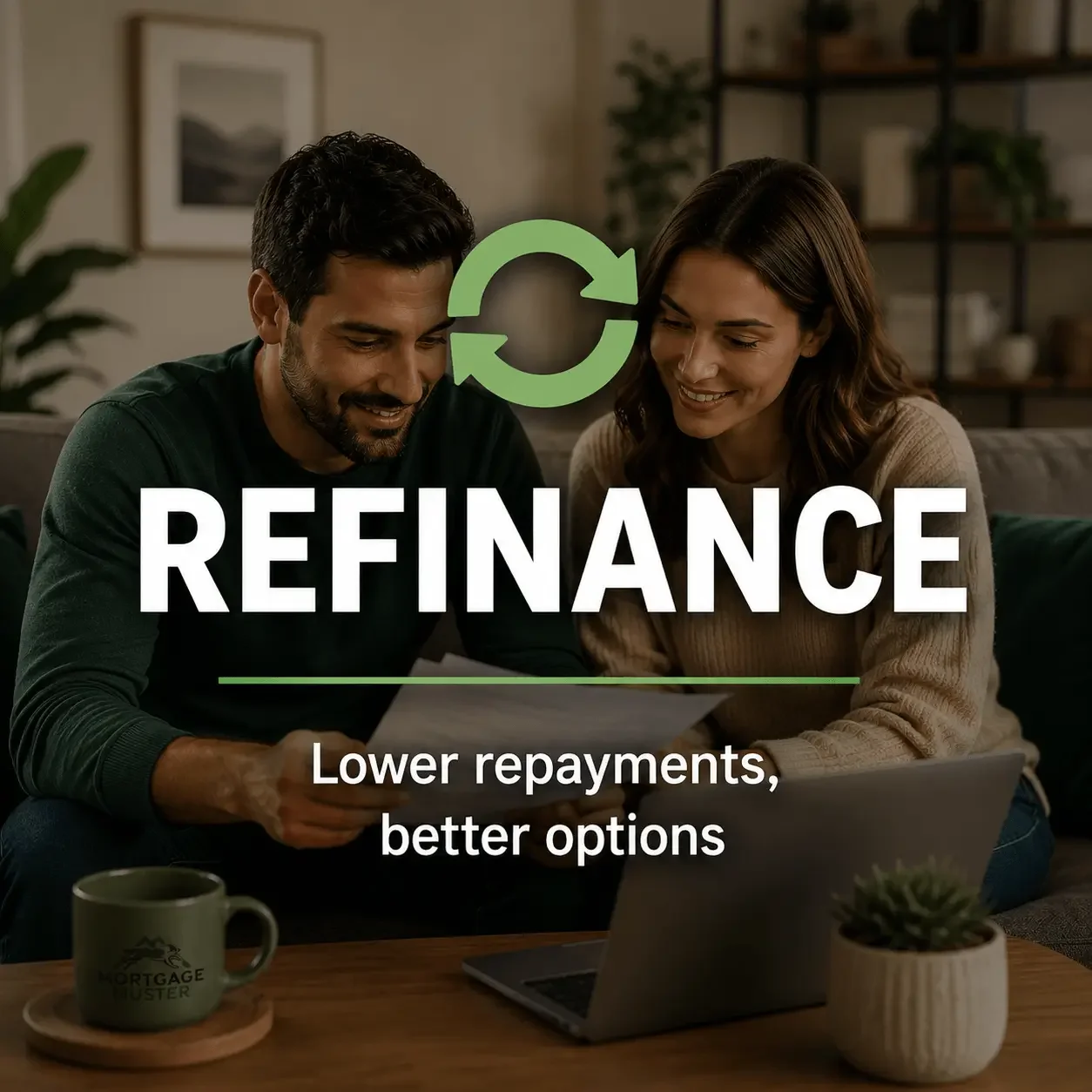 Couple reviewing refinance options at home, representing Mortgage Muster refinance and home loan guidance in Kilmore and regional Victoria.