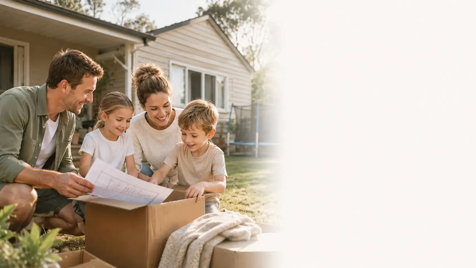 Family planning their next home purchase with moving boxes and property documents.