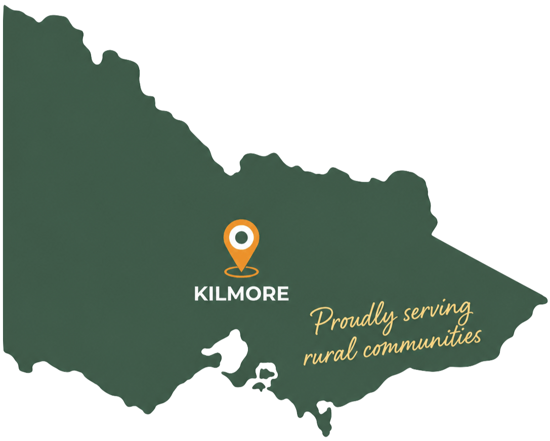 Map of Victoria showing Mortgage Muster based in Kilmore and serving regional communities