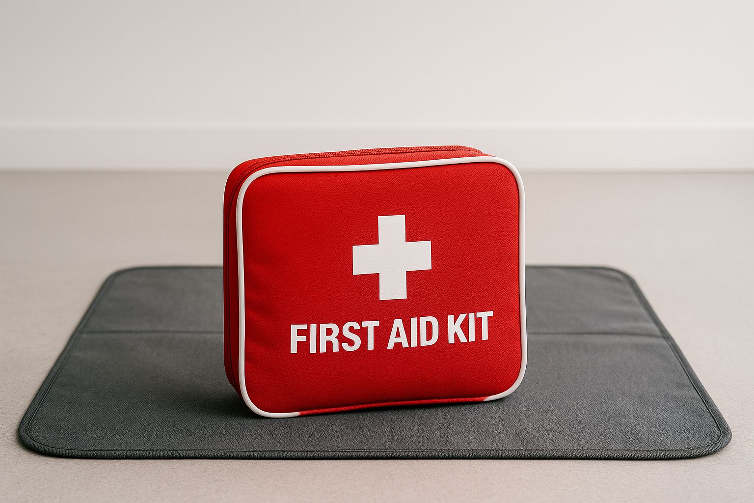 Red first aid kit with white cross and text, placed on a gray mat.