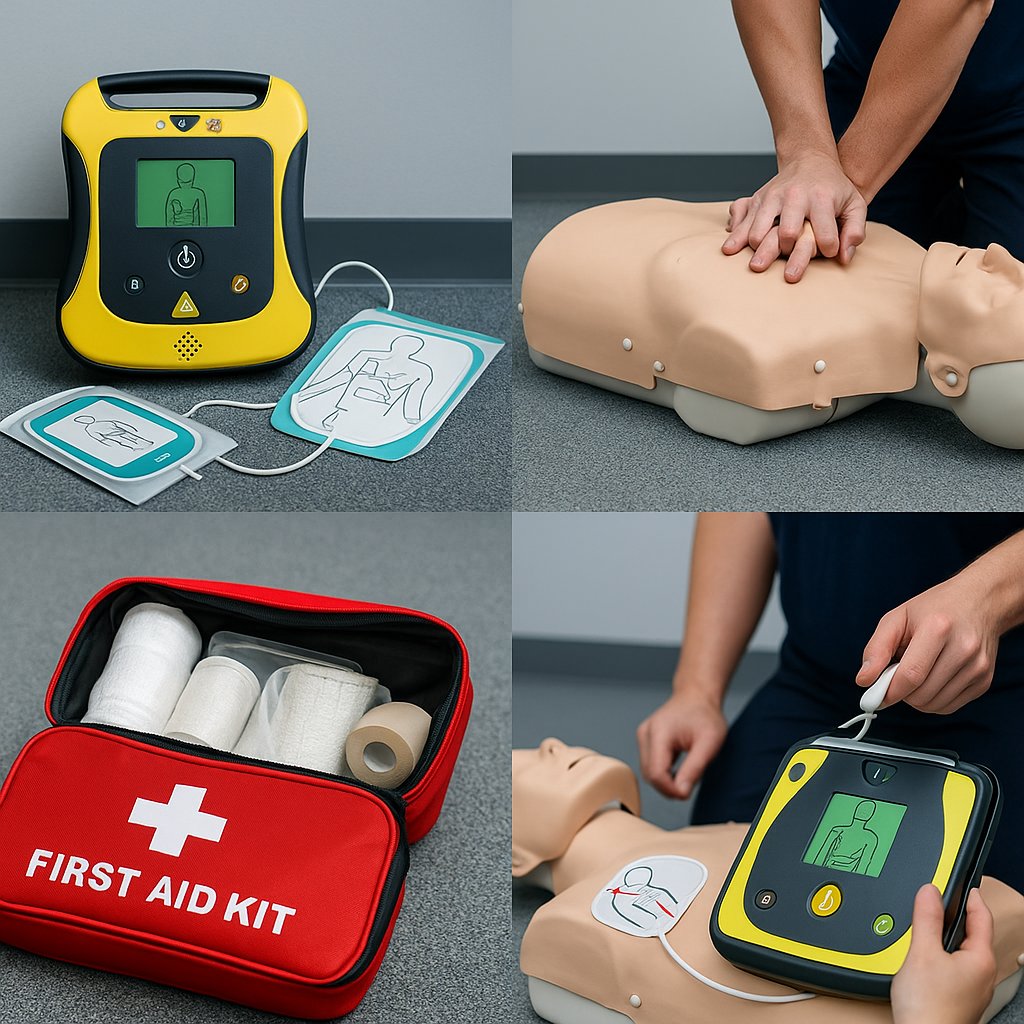 A person performing CPR on a medical mannequin with automated external defibrillator (AED) training equipment nearby, including a red first aid kit with rolled bandages and medical supplies, and instructional diagrams for CPR.
