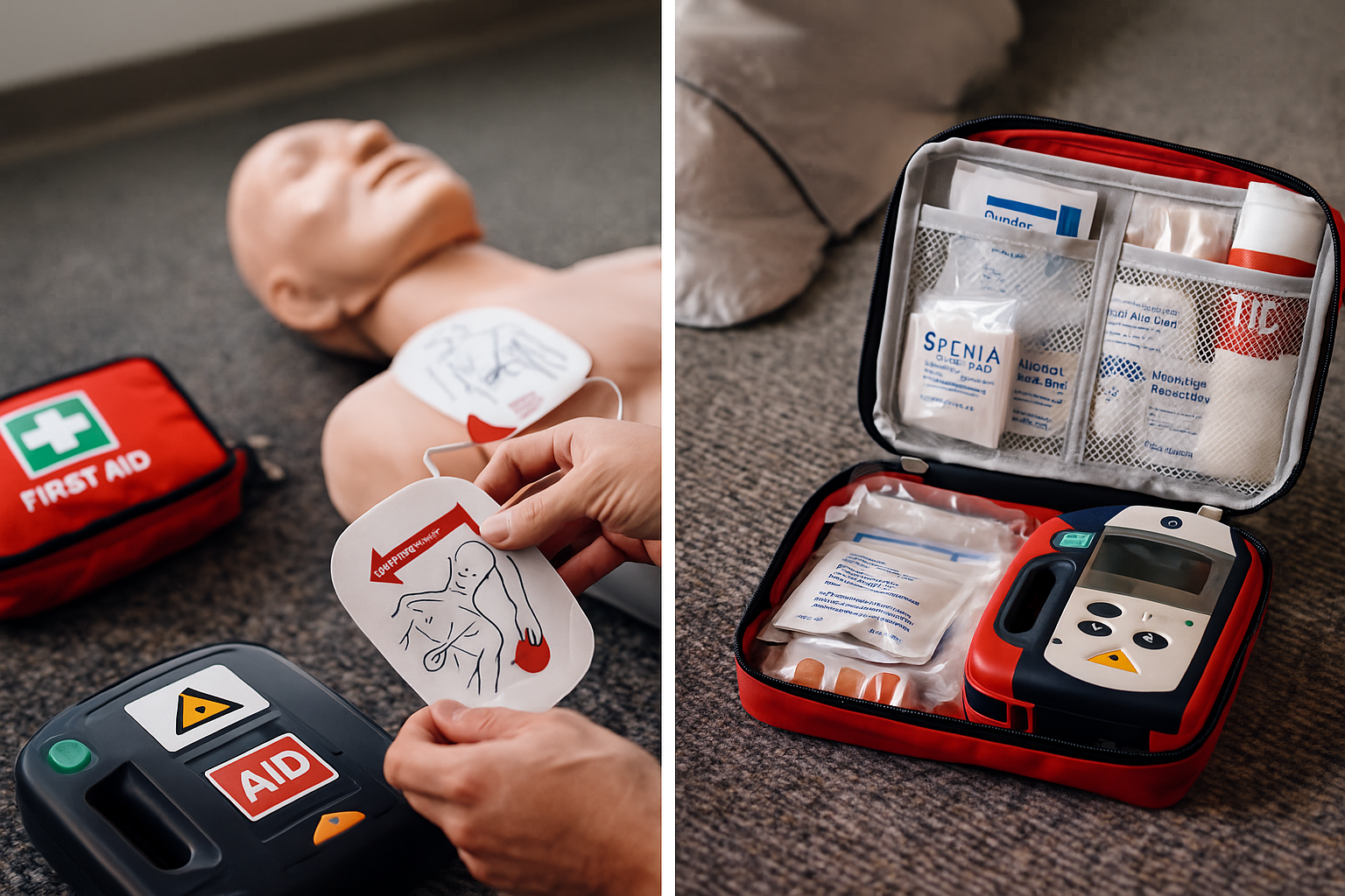 Left side: An infant lying on the floor with a nasal oxygen tube and a cardiac monitor. A person's hand is placing a diagram of the human body with a red area marked on the chest into a portable defibrillator. Right side: An open first aid kit containing various medical supplies, including an automated external defibrillator (AED), emergency medication packages, and other first aid items.