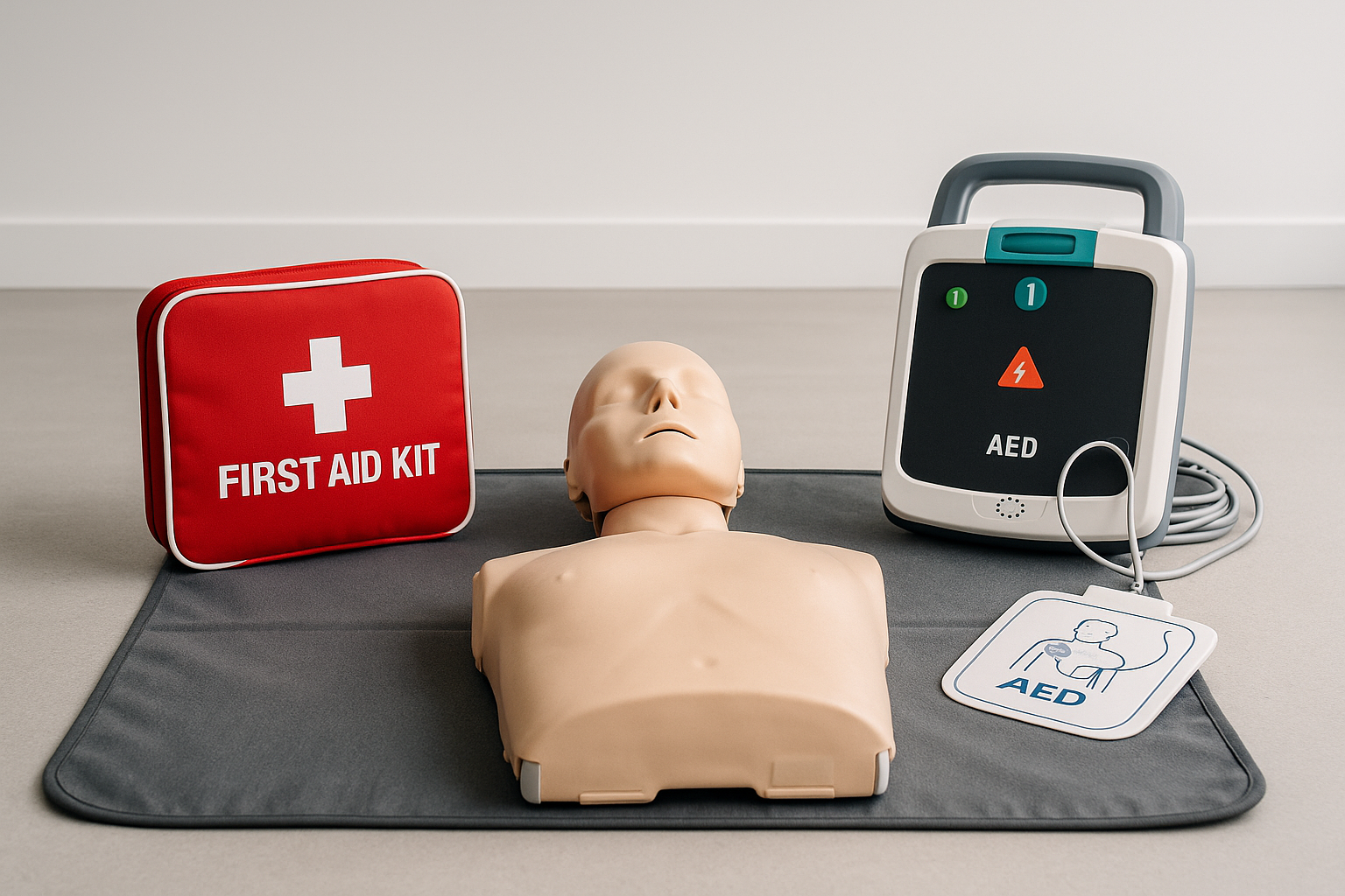 A CPR training mannequin lying on a mat, a red first aid kit, an AED with connected pads, and a face shield for CPR training.