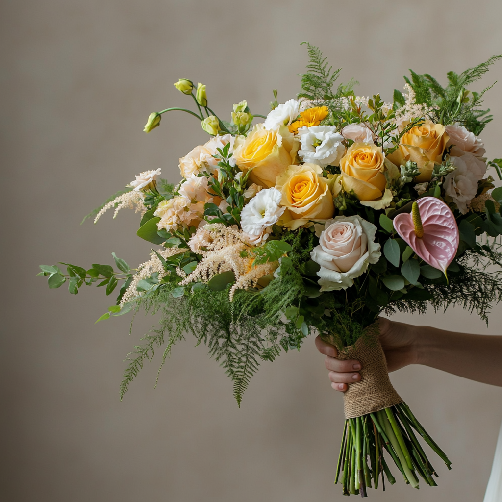 A person holding a bouquet of mixed flowers, including yellow, white, and pink roses, anthurium, and greenery, wrapped with burlap.