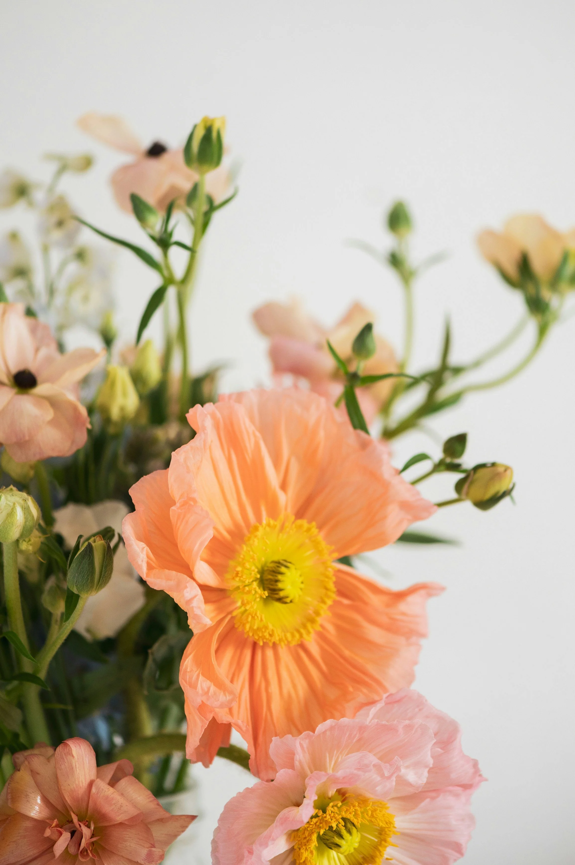 Close-up of a colorful floral arrangement with peach, pink, and cream-colored flowers against a plain white background.