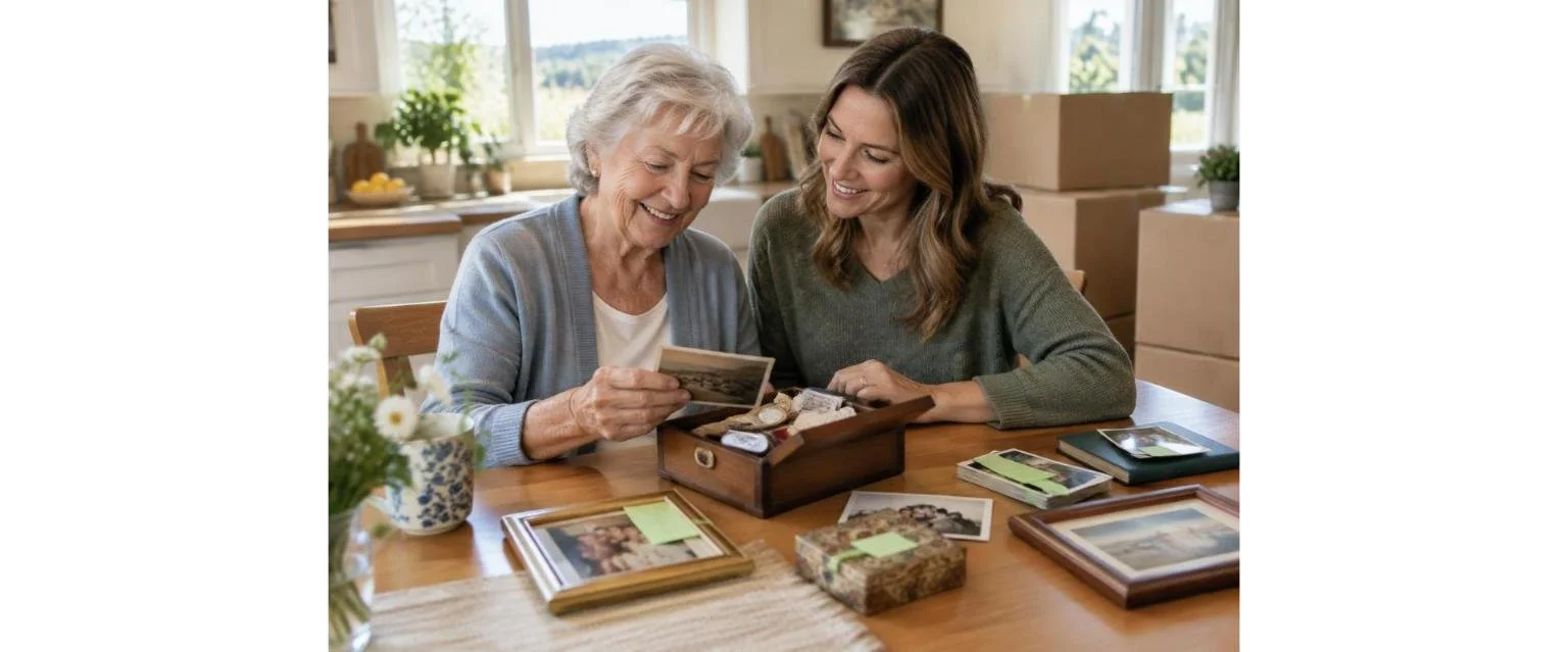 Mother and daughter looking through family keepsakes while downsizing
