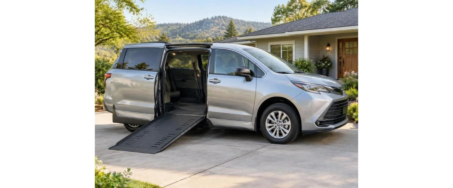 Wheelchair-accessible van with its ramp down