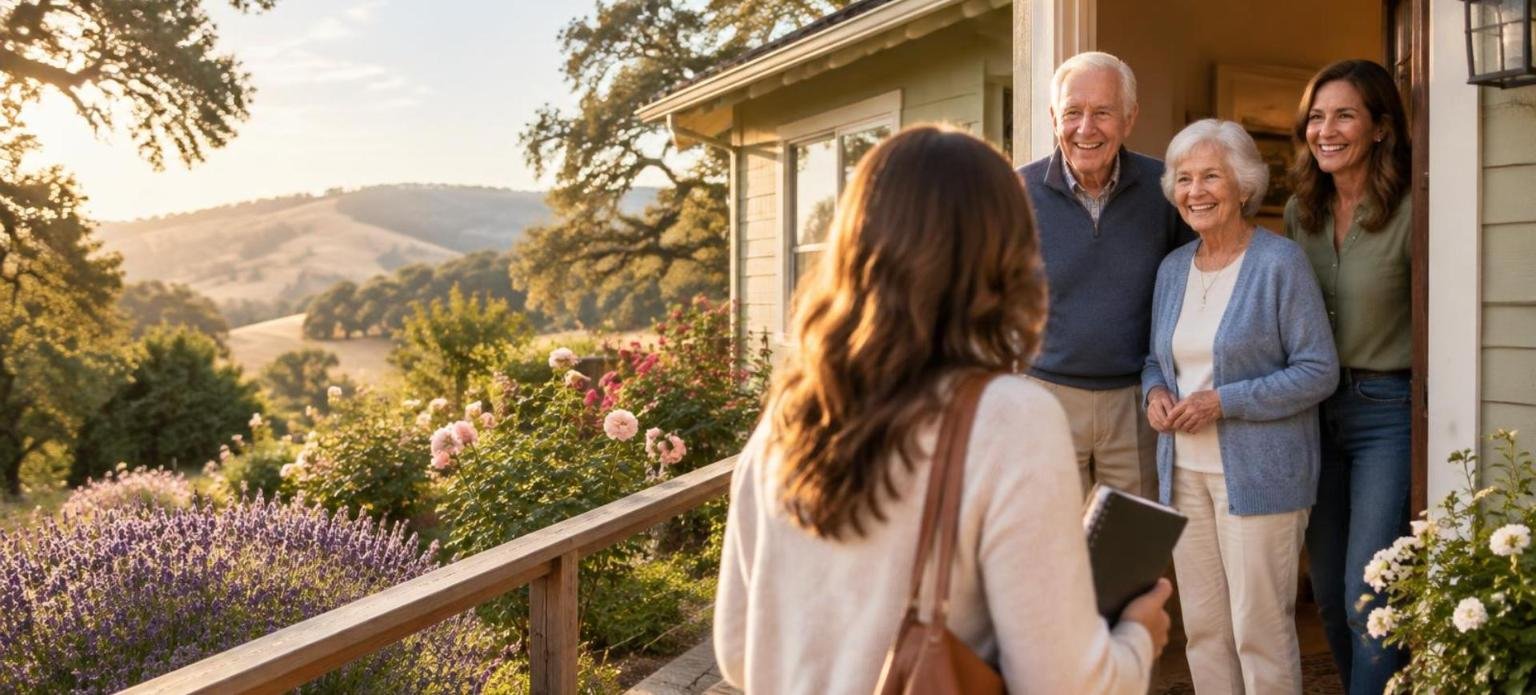 Older couple and their daughter welcoming a visitor at the front door of their home, with a ramp and handrail by the steps