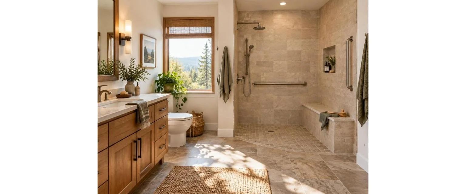 Safer bathroom with grab bars and a walk-in shower