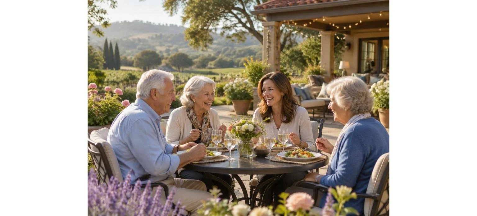 Seniors and family sharing lunch in the garden of a senior community