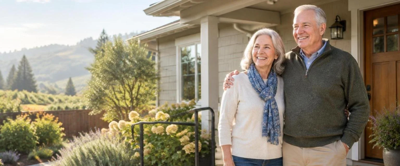 Smiling older couple in front of their home with a safety rail by the front steps