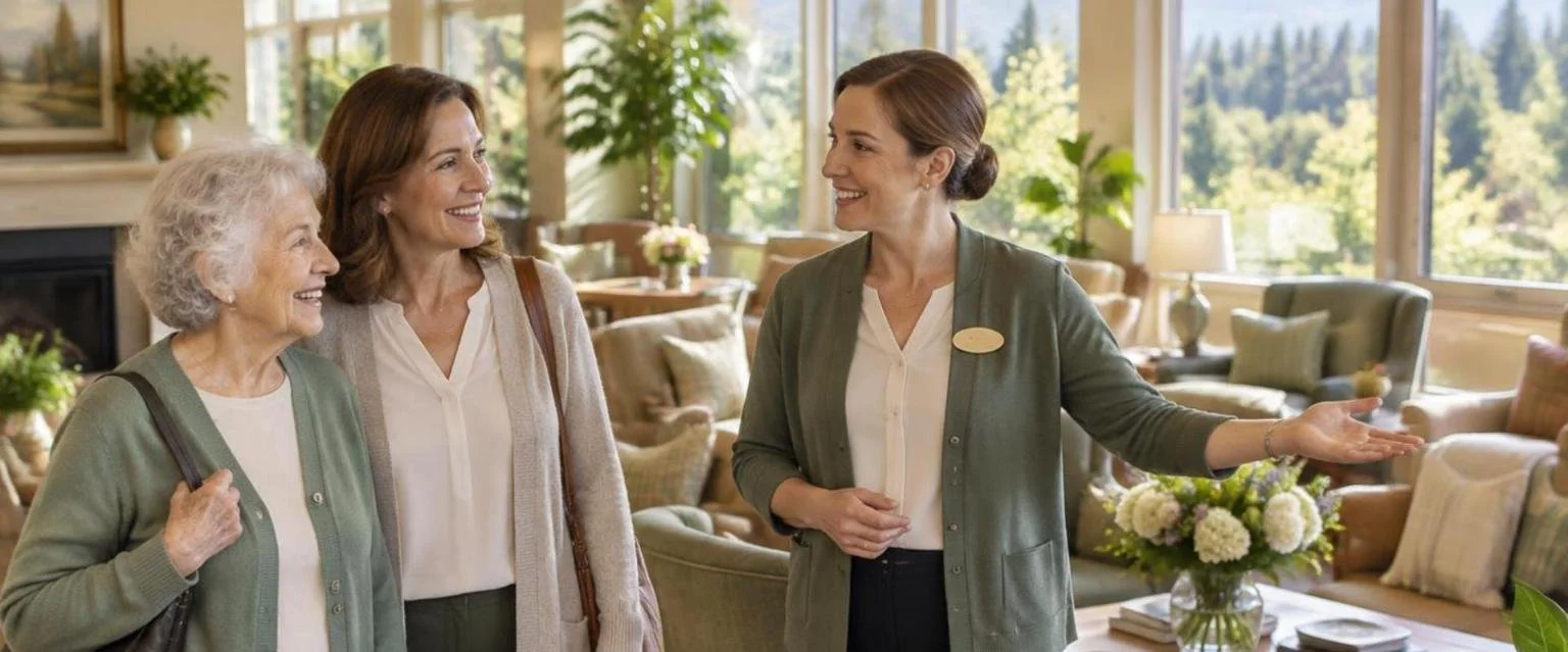 Older woman and her daughter getting a warm welcome on a tour of a bright, homey senior community