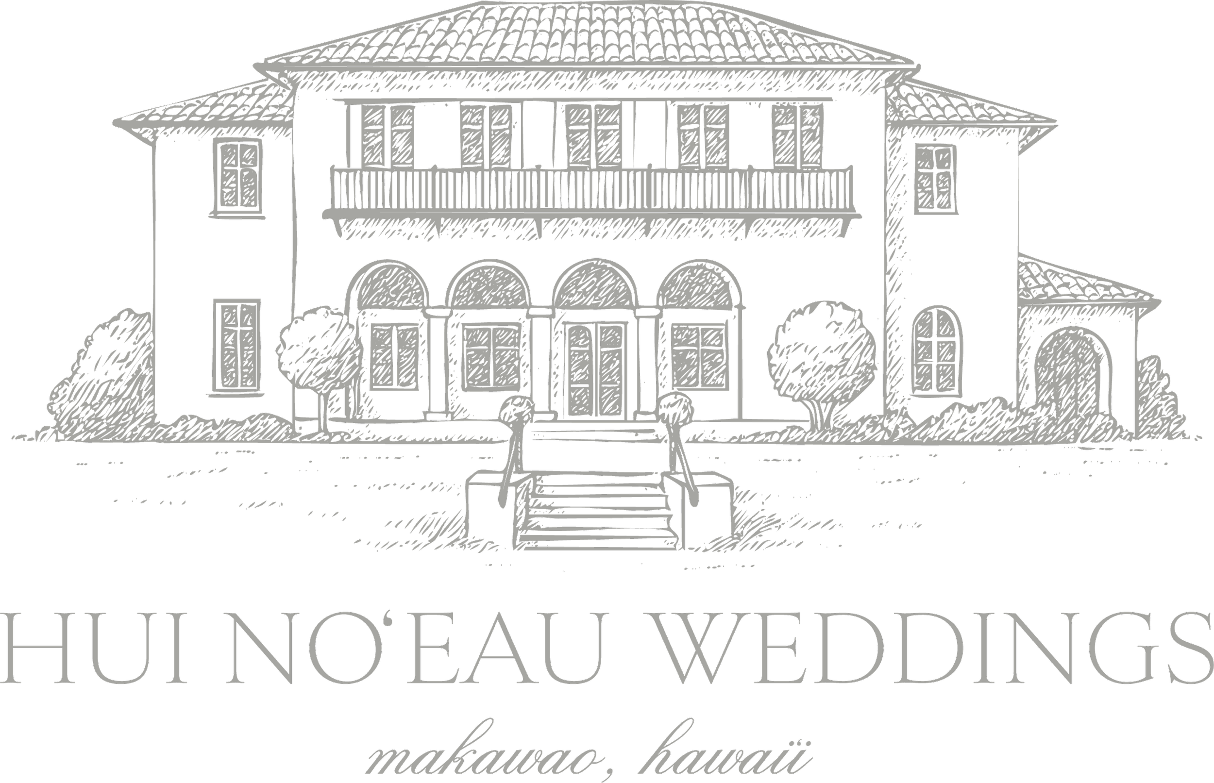 Black and white logo of a large house with trees in front, with text below reading "Huneau Weddings" and "makawao, hawaii."