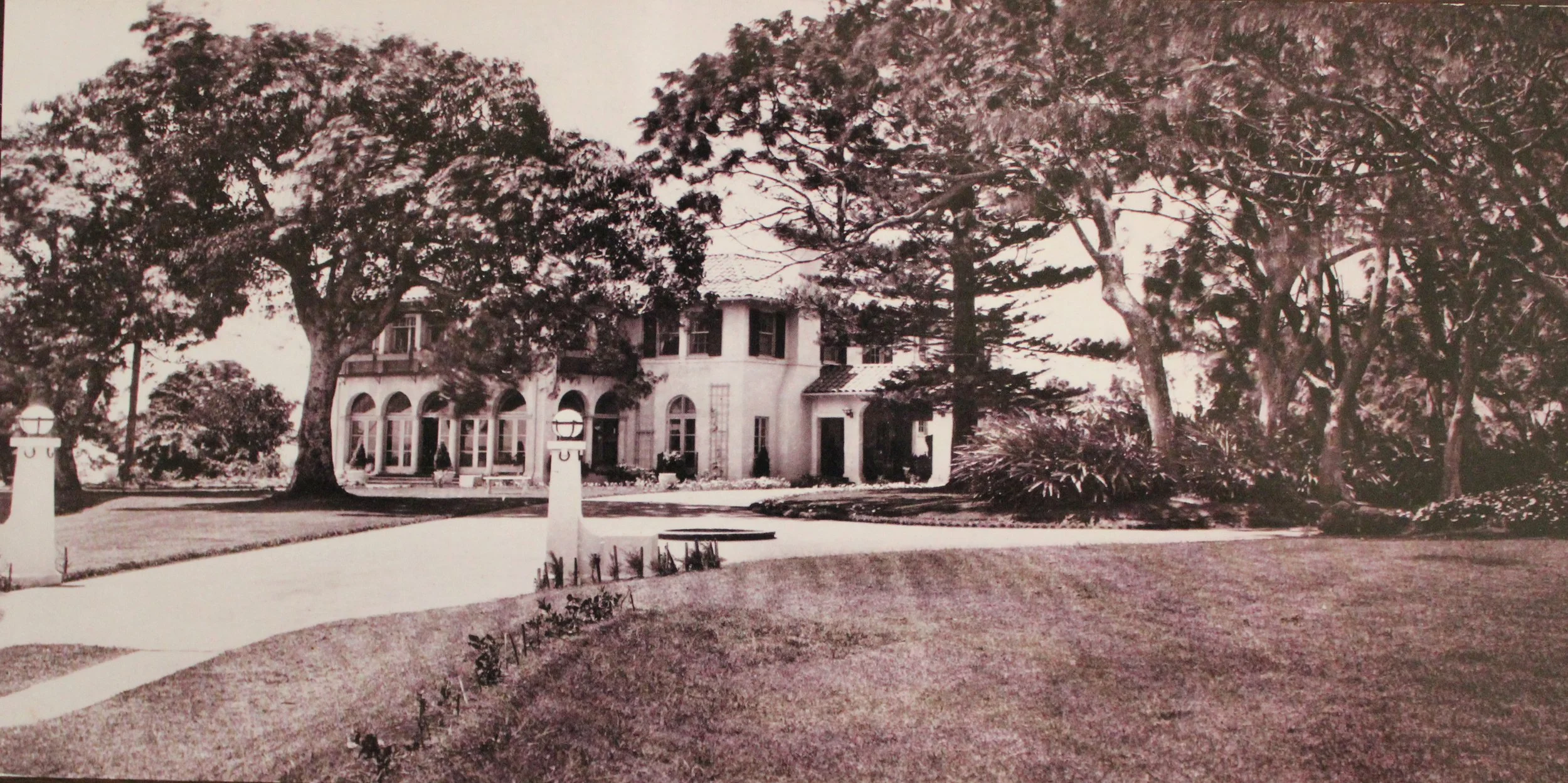 Black and white photograph of a large house with multiple windows, surrounded by tall trees, in a landscaped garden with a winding path and lampposts.