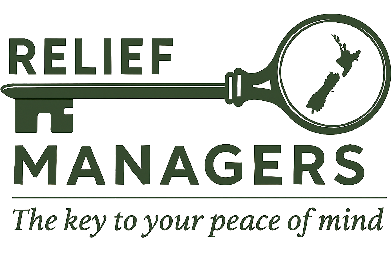 A logo with a green key that has the map of New Zealand in a circle at the end, and the words "Relief Managers" with the tagline "The key to your peace of mind" underneath.