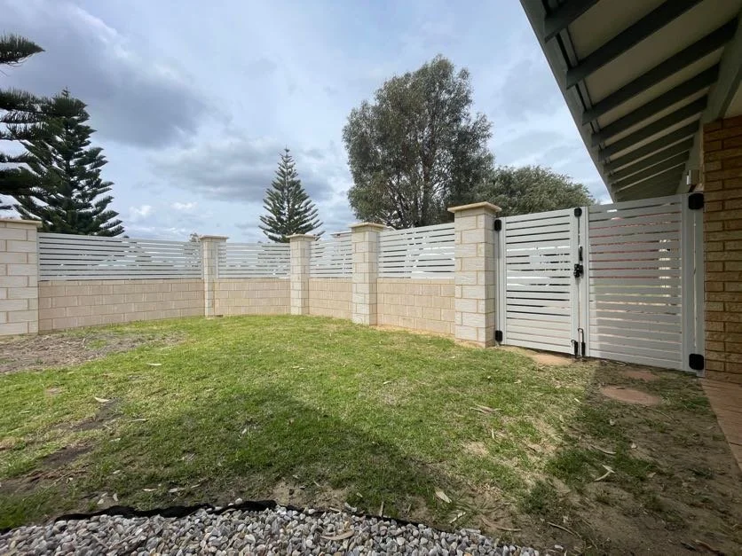 Slat fence infill panels - 65mm Surfmist slats, 20mm gaps in Kinross