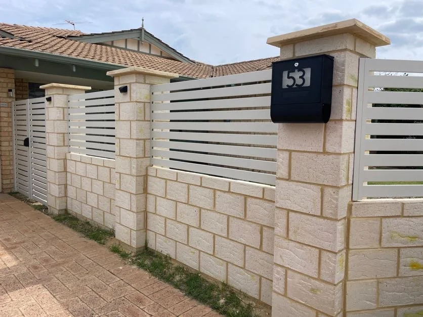 Slat fence infill panels - 65mm Surfmist slats, 20mm gaps in Kinross