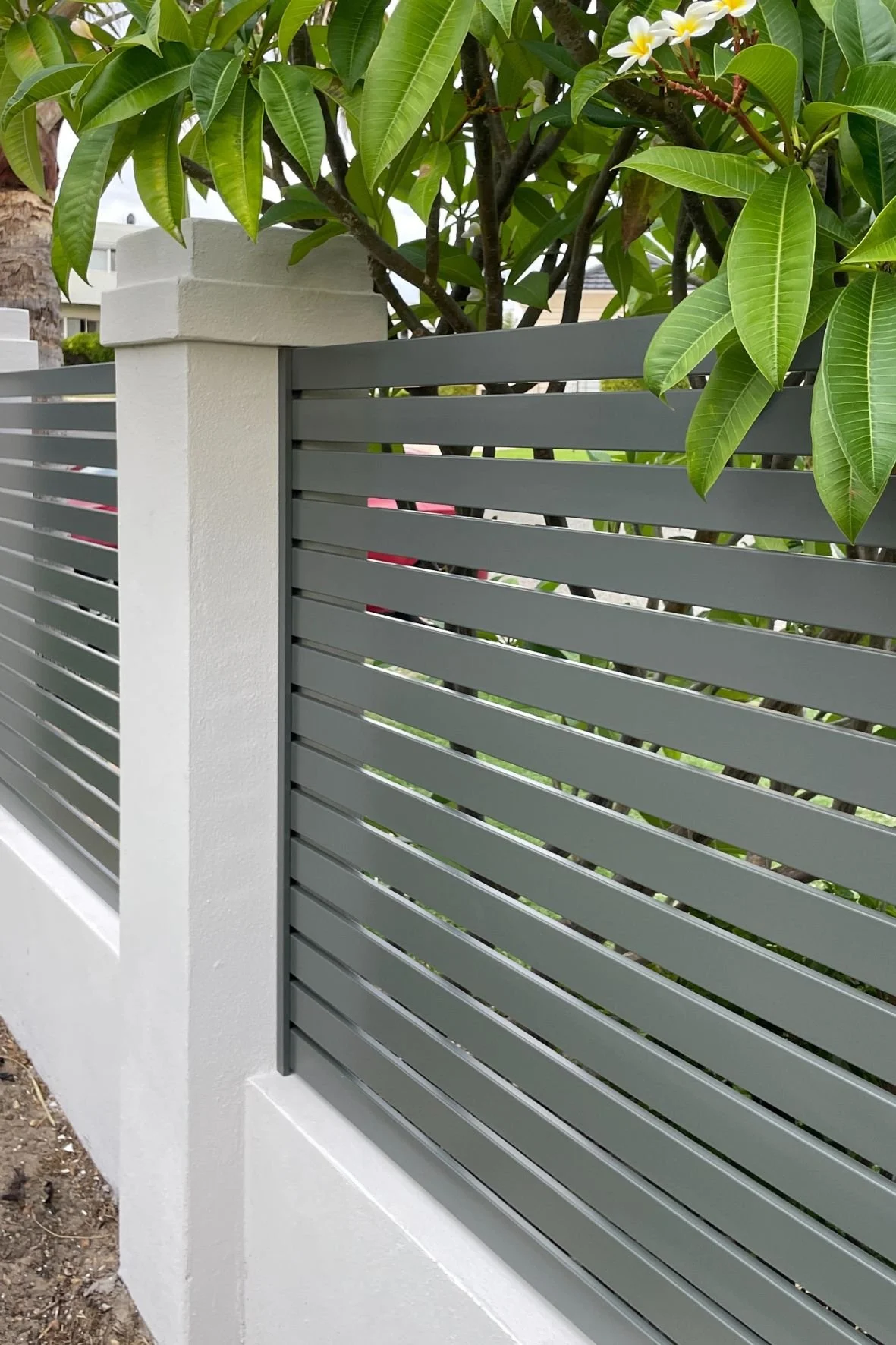 A modern horizontal slat metal fence with a concrete post, partially obscured by green leafy plants with white flowers.