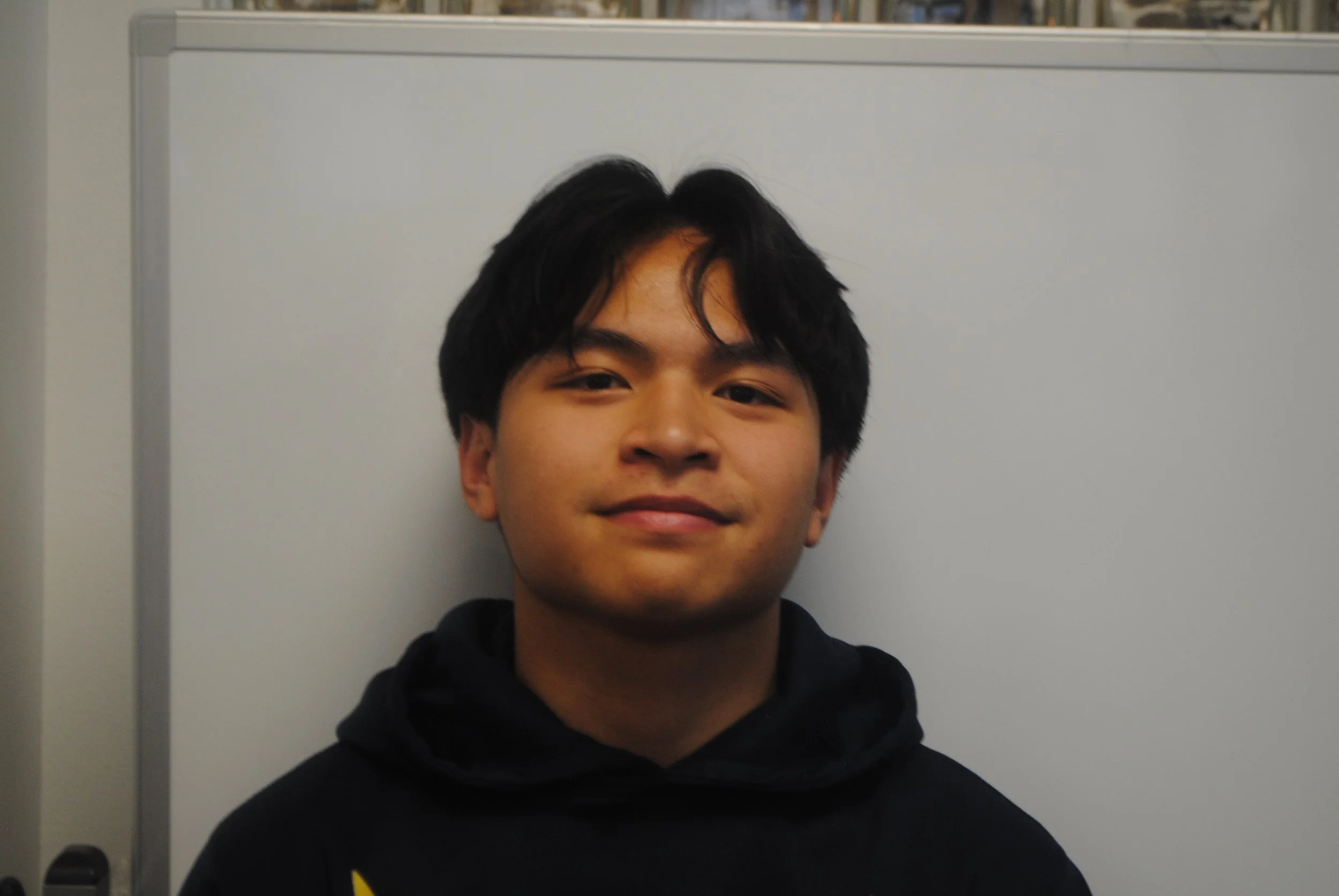 A young man with black hair and light skin, wearing a black hoodie, standing in front of a whiteboard.