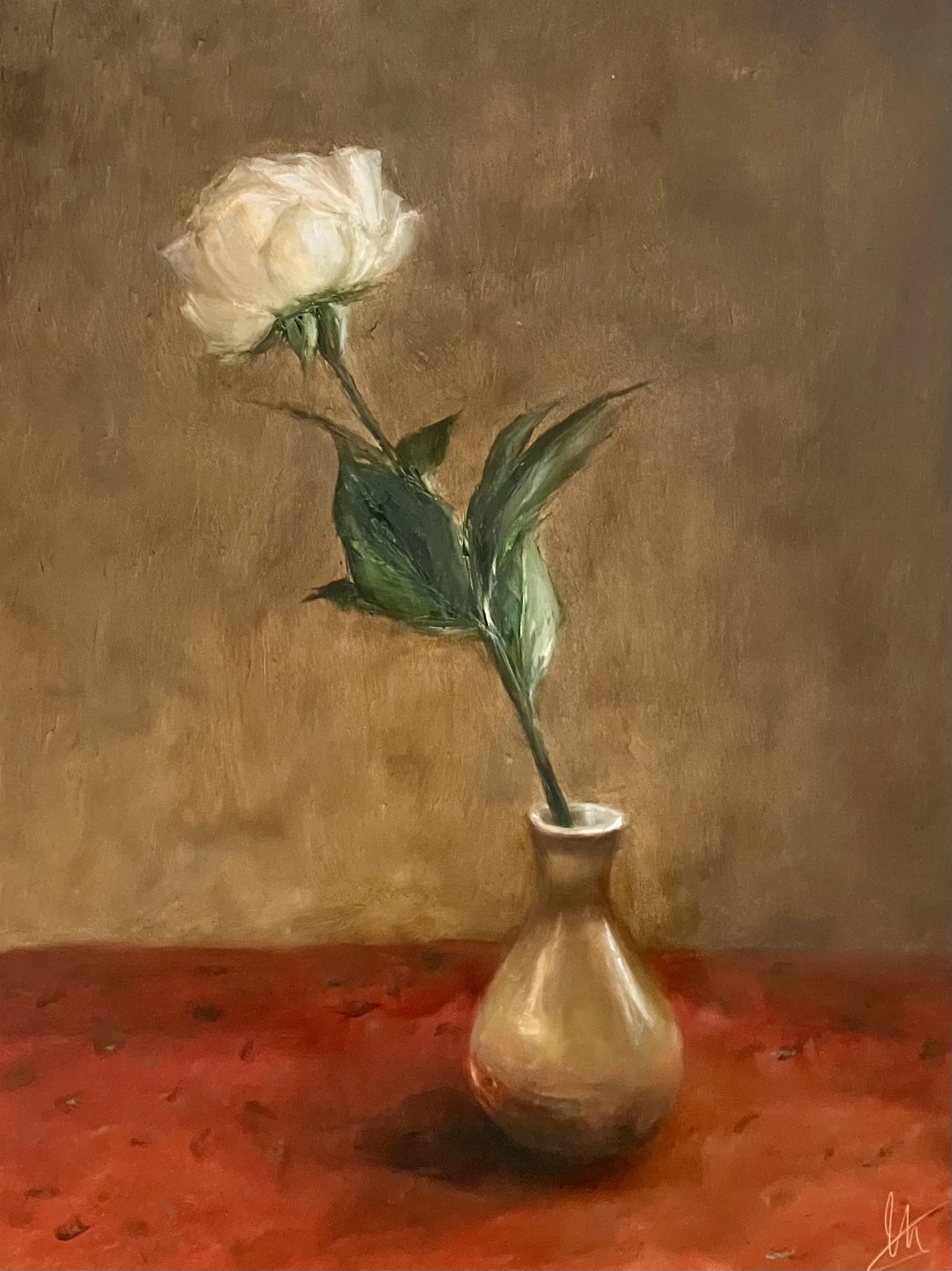 Rose on the red tablecloth  |  16" x 12"  |  Oil on panel