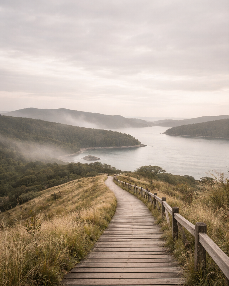Wooden pathway leading down a hill towards a lake surrounded by green hills and mist, under a cloudy sky.