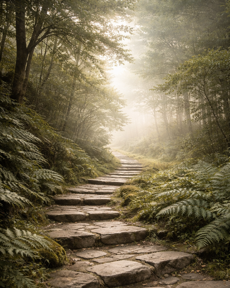 A stone pathway winding through a lush forest with sunlight filtering through the trees.
