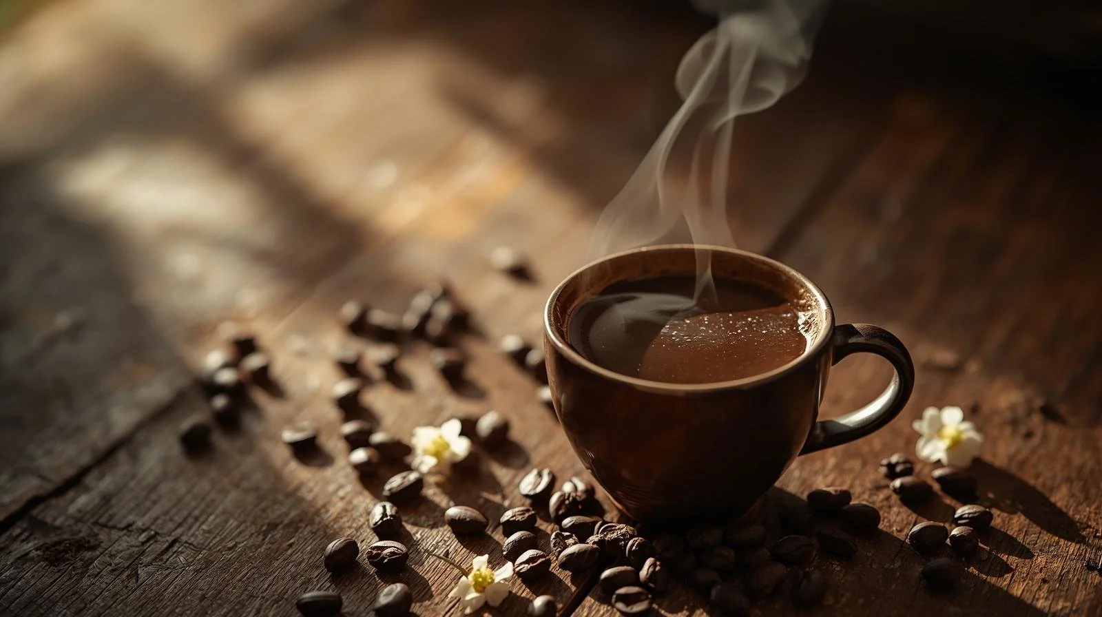 A steaming cup of coffee on a rustic wooden table, surrounded by scattered coffee beans and small white flowers.