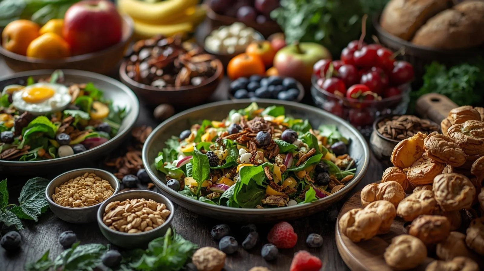 Fresh fruit, salad, and nuts on a table, including apples, cherries, blueberries, strawberries, walnuts, sunflower seeds, and a leafy green salad with toppings.