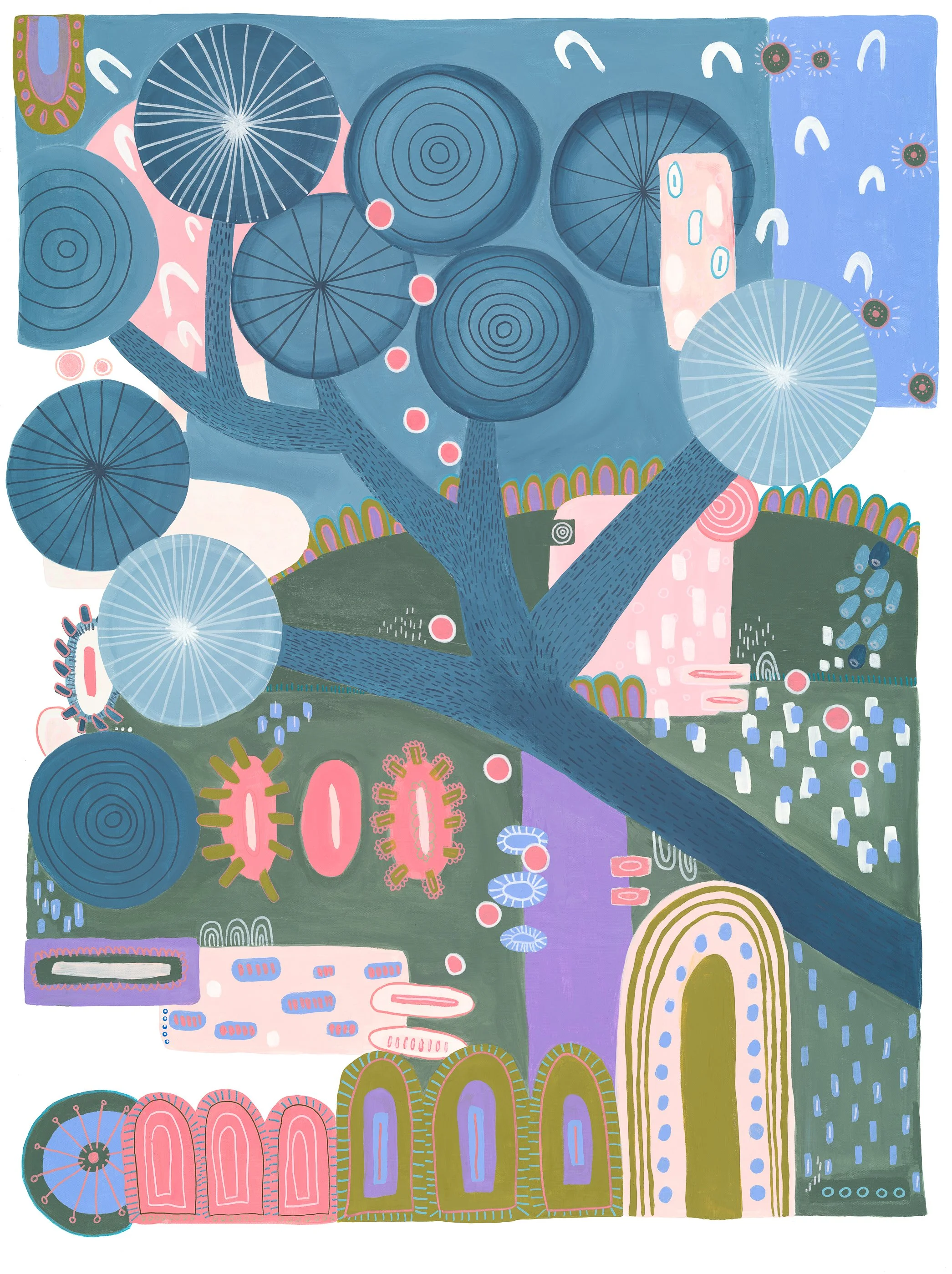 Abstract painting with large blue circular shapes, interwoven with smaller pink, purple, and green shapes, and various patterns including lines, dots, and arches.