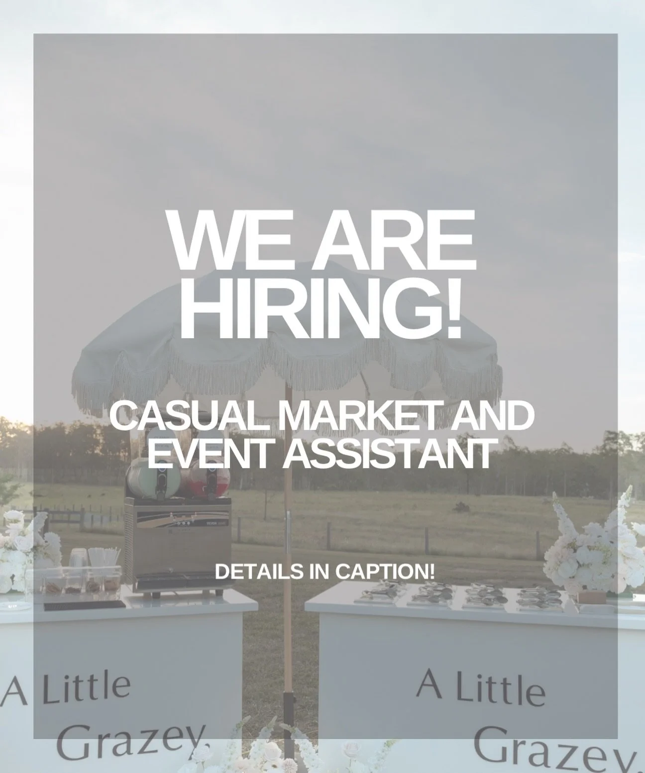 ✨ WE ARE HIRING ✨

A Little Grazey is growing and I&rsquo;m so excited to be welcoming someone new to the team 🫧

I&rsquo;m looking for a casual assistant, with the role mainly focused on local markets, plus occasional support at events like wedding