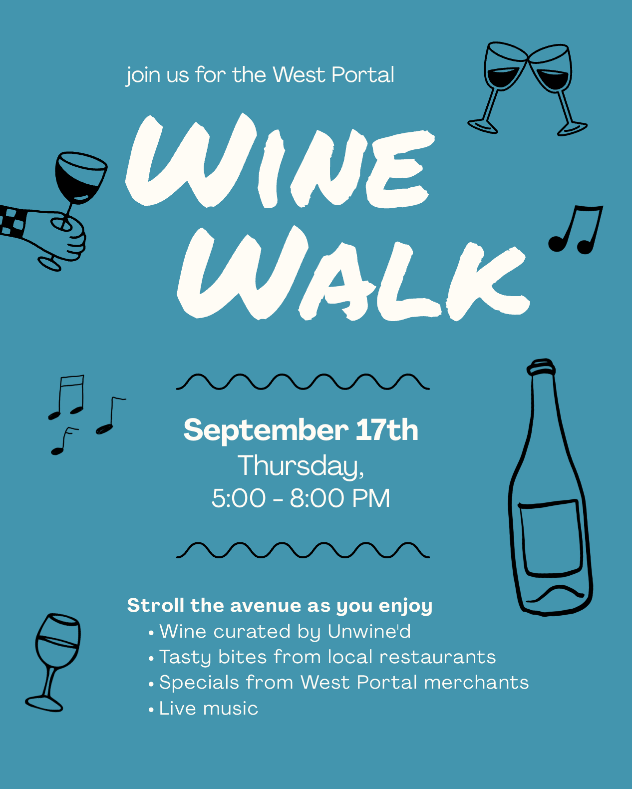 Neighborhood Event | West Portal Wine Walk | Thu, Sep 17, 2026 | 5:00 – 8:00 PM 