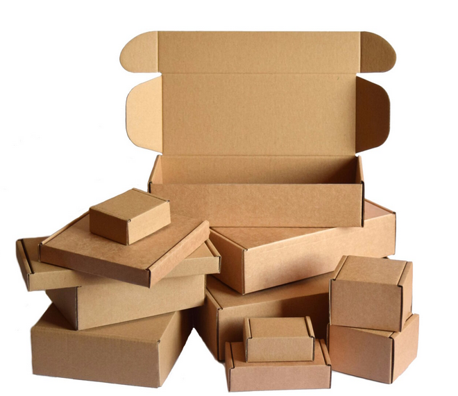 Multiple empty and closed cardboard boxes of various sizes, some stacked and some open.