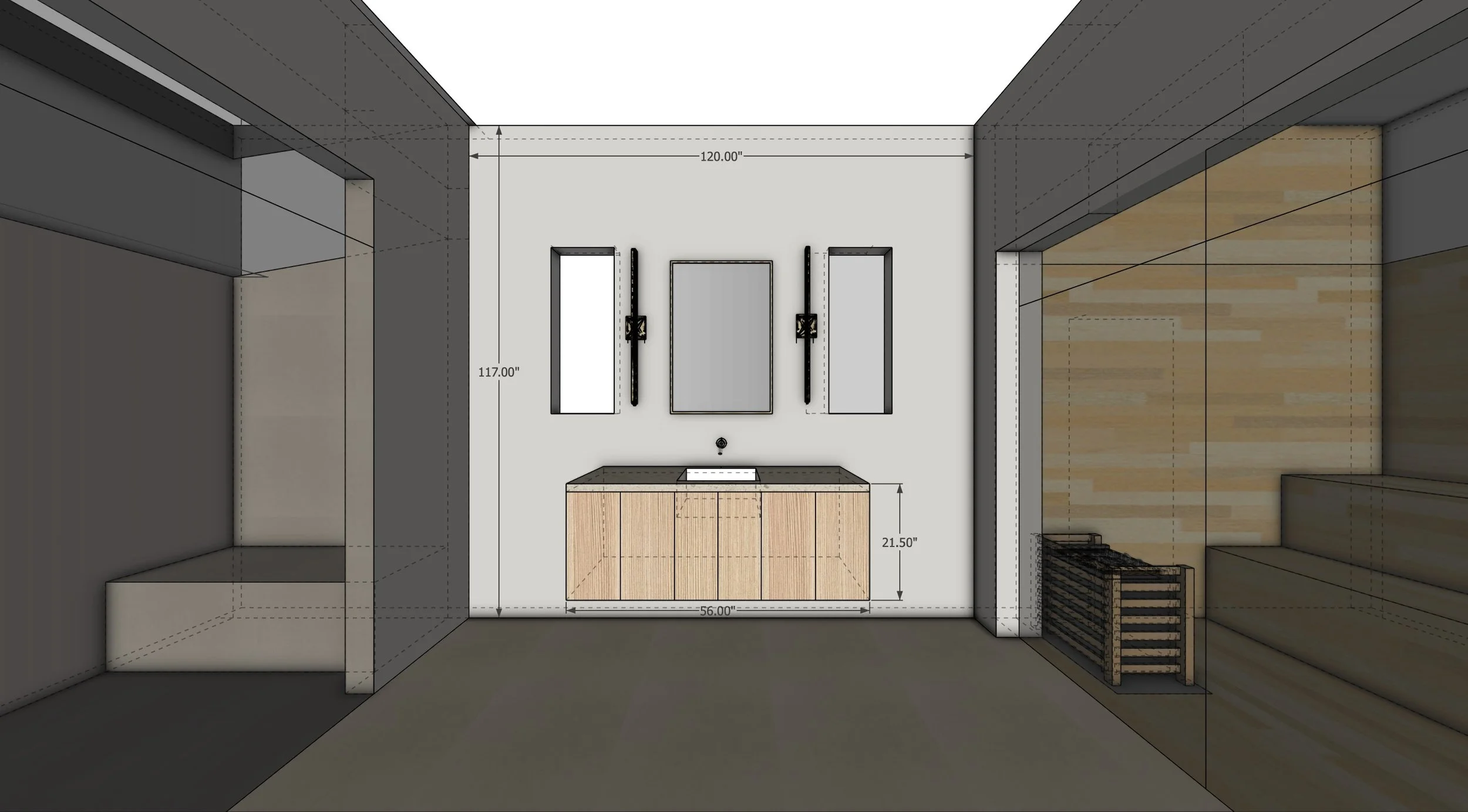 Interior bathroom or changing room with a vanity, three mirrors, and wooden storage cabinets, with measurements marked for height, width, and depth.