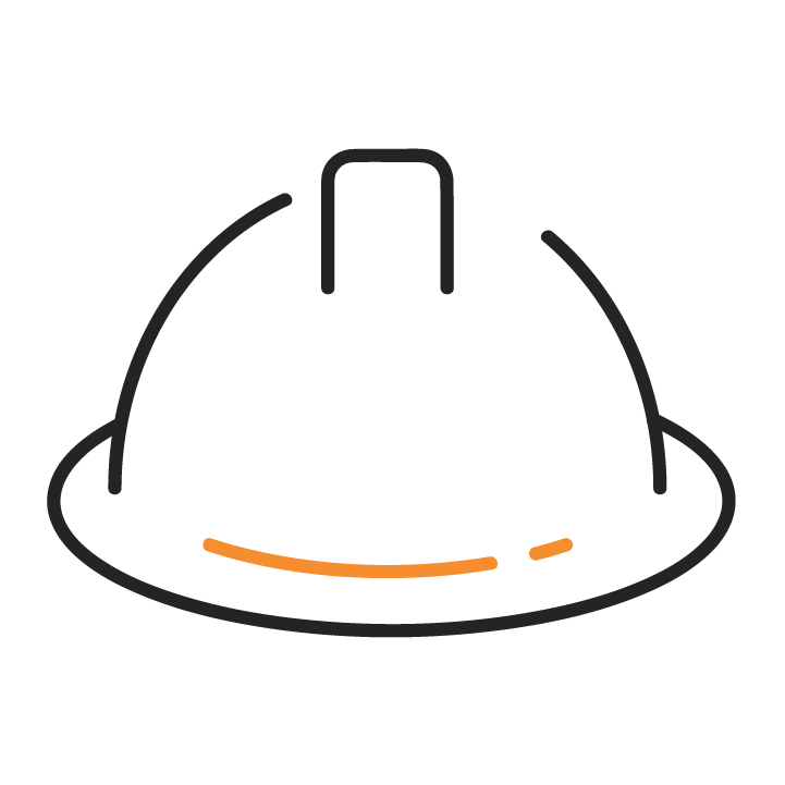 Line drawing of a black construction helmet with an orange accent on the brim.