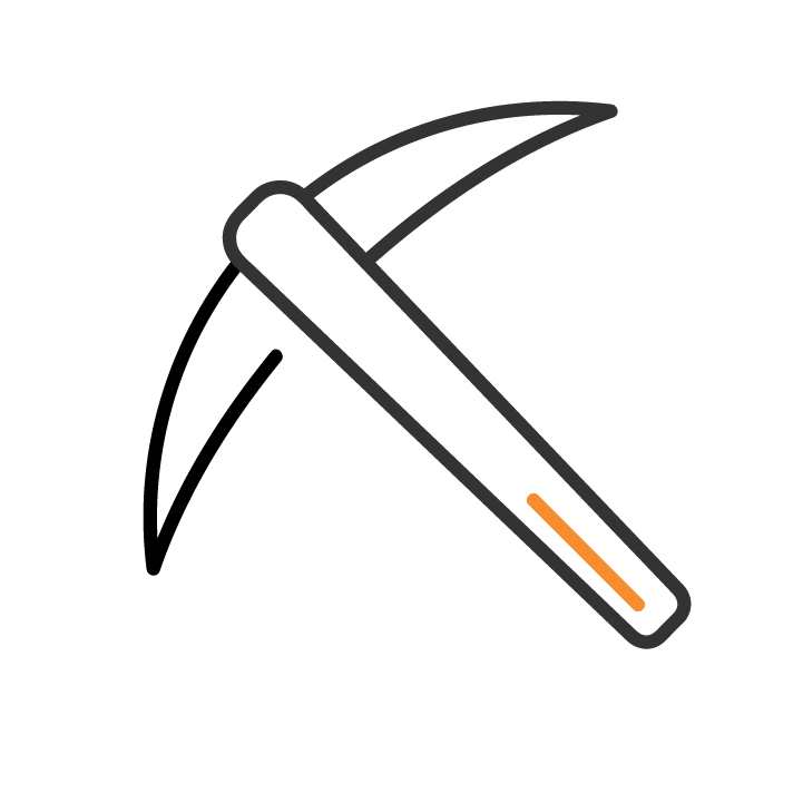 Outline illustration of a hand digging with a pickaxe.