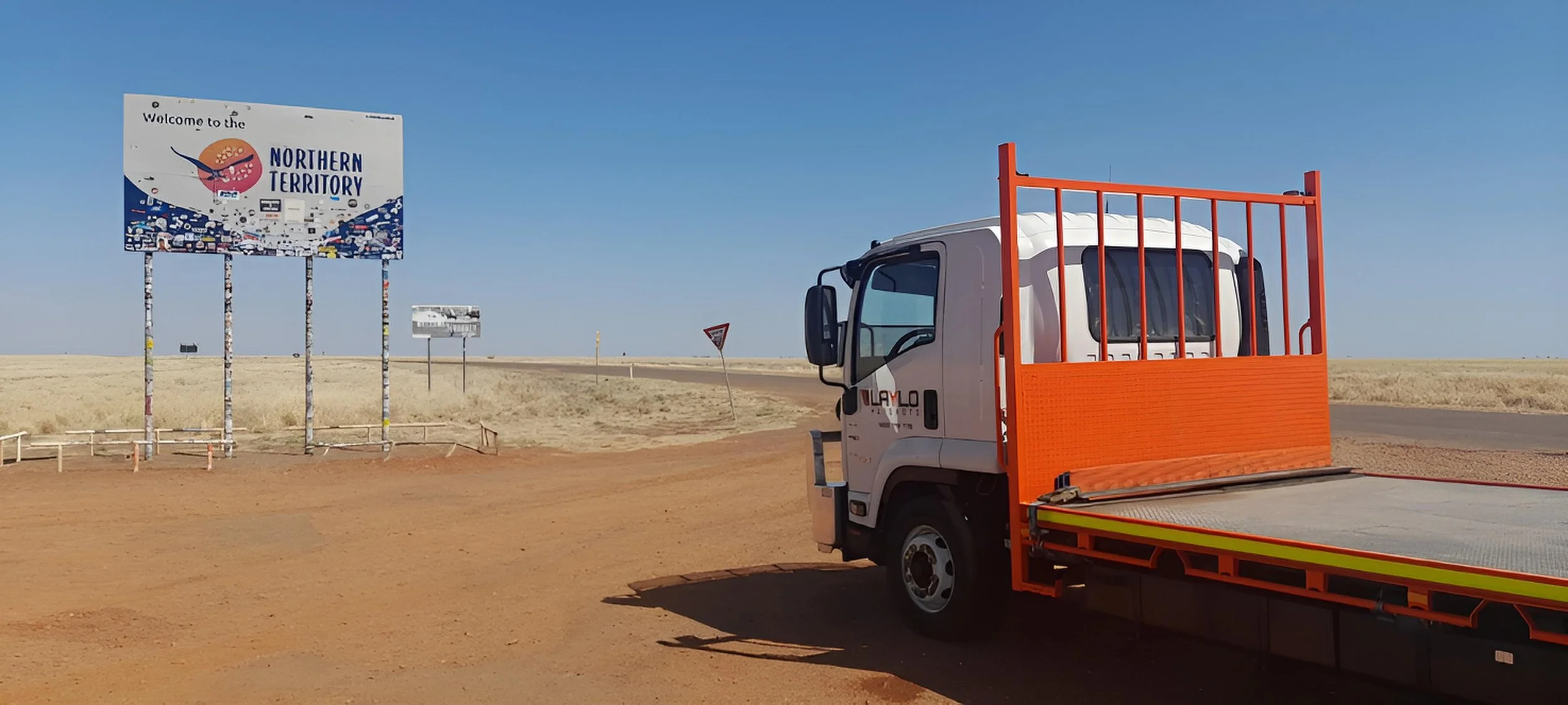 A white flatbed truck parked on a dirt road in a desert landscape with a large sign that reads 'Welcome to the Northern Territory' in the background, under a clear blue sky.