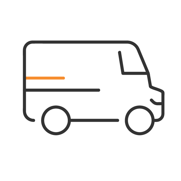 Minimalist outline of a delivery or cargo van with an orange stripe on its side.