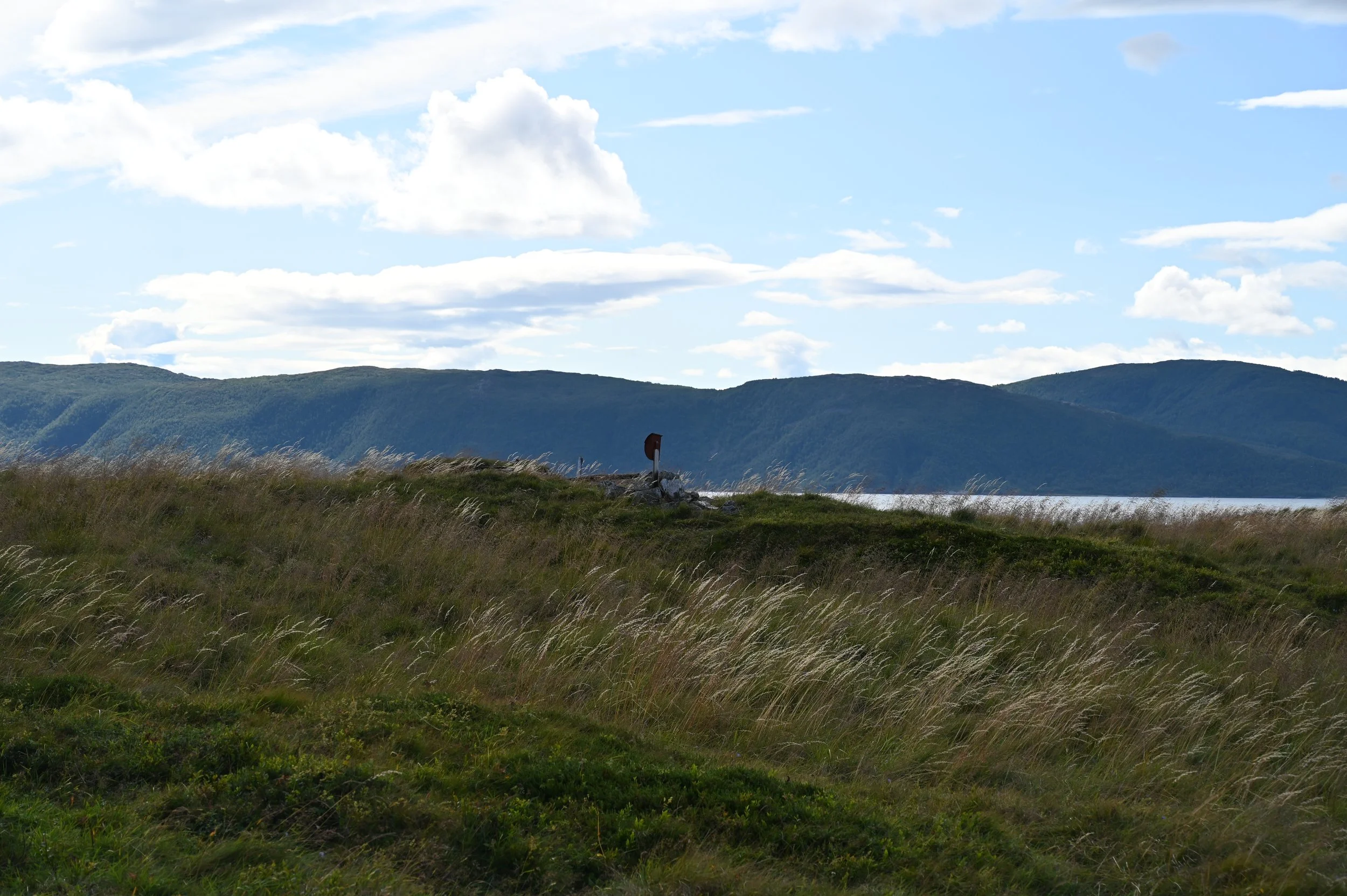 Trail marker and hiking post near Buvik with panoramic views of the Norwegian coastline – a hidden gem for nature lovers exploring the Tromsø region.