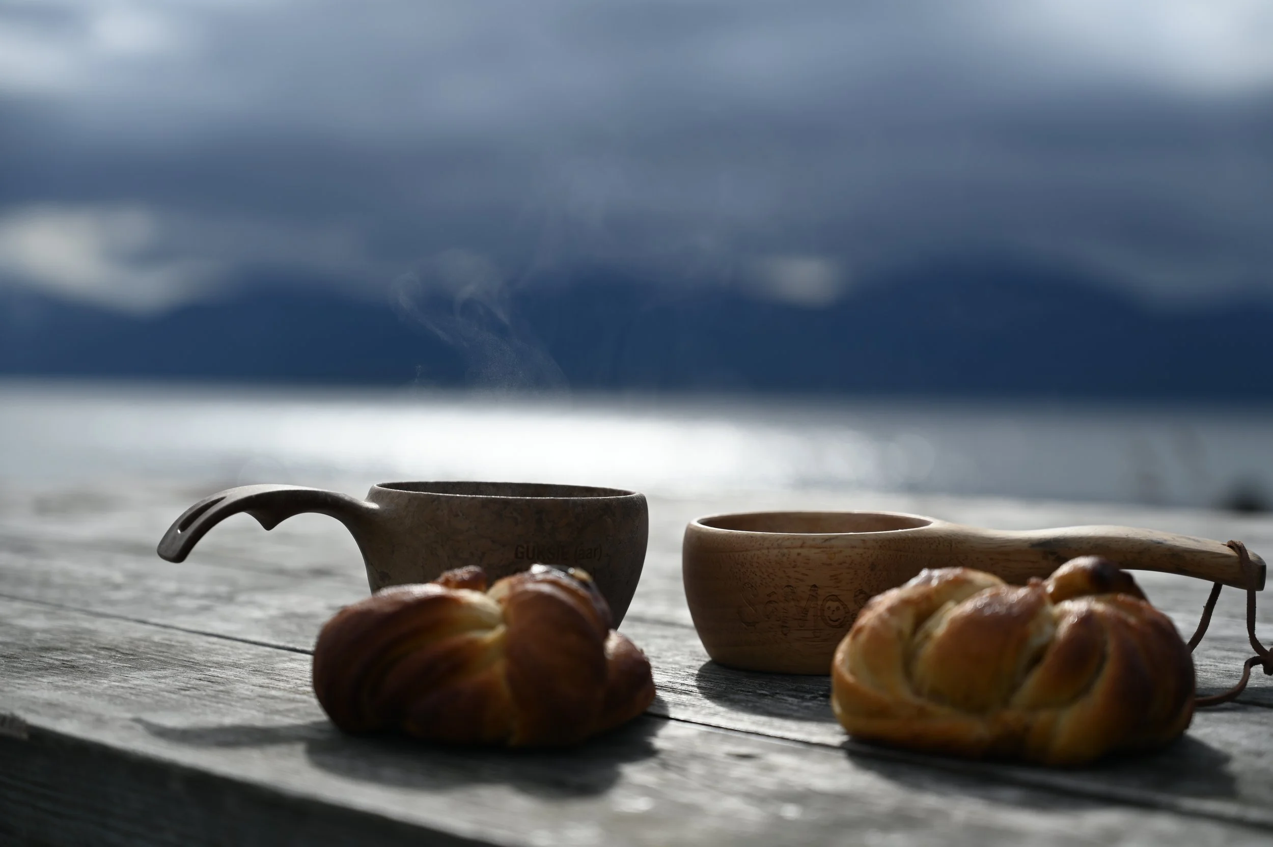 Steaming coffee and a sweet Arctic treat enjoyed with panoramic fjord and mountain views during a private guided walk in Tromsø